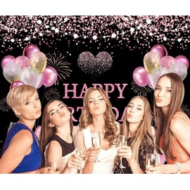 Happy Birthday Backdrop 10x8ft Black and Rose Red Birthday Photography Background for Women Girls Large Party Decorations Studio Photo Booth Props