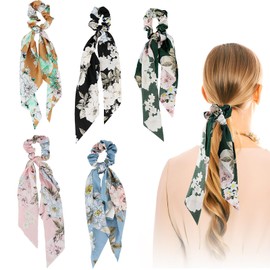 Pack of 5 Satin Bowknot Hair Scrunchies Floral Hair Band Elastic Hair Bands Hair Scarf Scrunchies Ponytail Holder Hair Accessories Vintage Floral Pattern Holder Scrunchy Hair Bobbles for Women Girls
