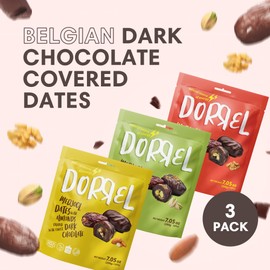 DORREL - Trio Bundle Pack: Belgian Dark Chocolate Covered Dates Medjool with Walnuts, Salted Almonds & Pistachio Stuffing, High Energy Kosher Non-GMO Choco Snack Pack of 3, 7.05 oz Ea