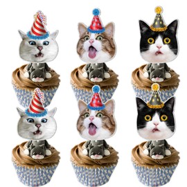 18pcs Glitter the Cat Head Dessert Cupcake Topper Pick for Cute Lovely Cat Theme Decorations Baby Shower Boys Girls Happy Birthday Party Decor Supplies