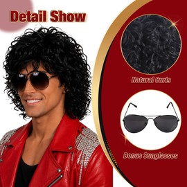 ColorGround Retro Wet Curl Wig with Black Sunglasses for Men 80s Pop Star Curly Black Wig with Natural Matte Finish for Halloween Costume Party Dance Performance (Black-1)