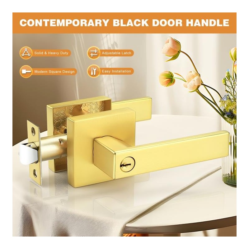 Probrico Brushed Gold Keyed Entry Door Handle Square Heavy Duty