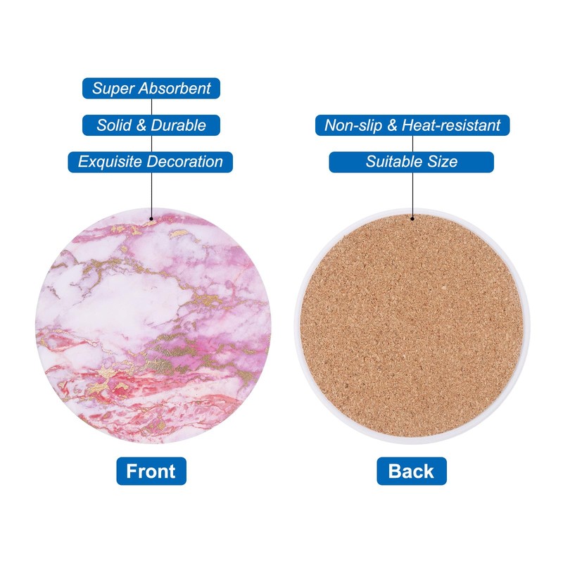 sourcing map 2Pcs Absorbent Coasters Pink Marble Gilding Pattern Round