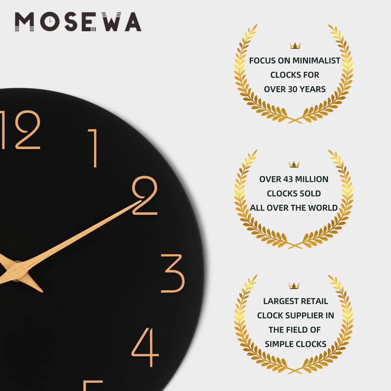 Mosewa Large Wall Clock 16 Inch Black Battery Operated Silent
