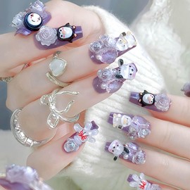 Coffin Press Nails Long Square Fake Nails Purple Full Cover Acrylic Nails with 3D Charms Designs False Nails Press Ons Flower Artificial Nails Summer Natural Stick on Nails for Women 24Pcs