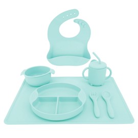 Set of 7 Silicone Baby Feeding Set Bib Spoon Fork Cup Suction Bowl Divided Plates Led Weaning Supplies Blue