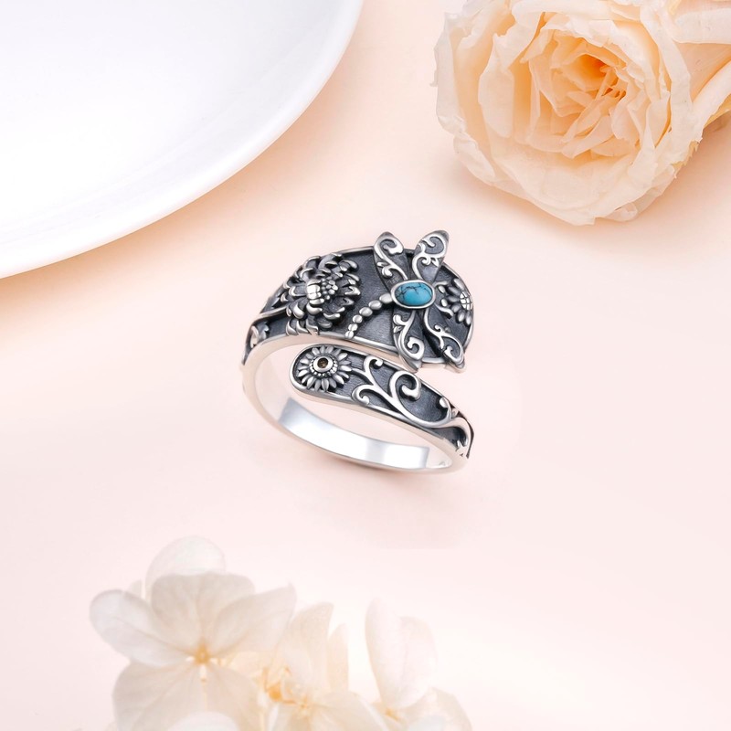 SHAOAN 925 Sterling Silver Dragonfly Turquoise Spoon Thumb Ring