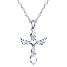 Unendlich U Fashion Kreuz Herz Engelsflügel Halskette 925 Sterling Silber Zirkonia Anhänger Kettenanhänger, Silber