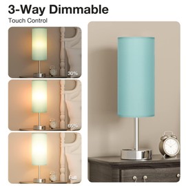 Teal Touch Bedside Lamps for Bedroom - Small Nightstand Lamp with USB-C and USB A Charging Ports, 3 Way Dimmable Control Table Lamp for Office, Dorm with Fabric Shade Silver Base