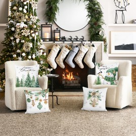 Bonhause Set of 4 Cushion Covers Christmas Snowman Pine Christmas Balls Green 45 x 45 cm Decorative Cushion Cover for Sofa Bedroom Living Room Winter Holiday Decoration