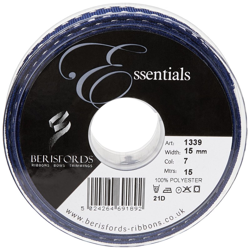 Berisfords 1339-NYW-15 15 mm Stitch Grosgrain Ribbon, Navy/White