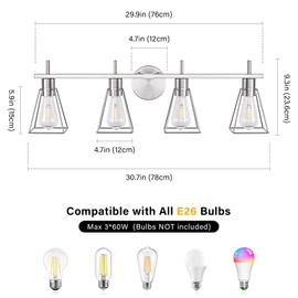 FonmYim Farmhouse Bathroom Vanity Light Fixtures Over Mirror, Brushed Nickel 4-Light Wall Sconce with Metal Cage, E26 Socket (Bulbs Not Included)