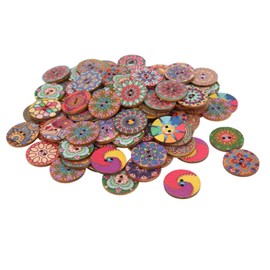 100Pcs Wooden Buttons Disc 25Mm European Retro European Style Printing Flower Timber Substitute Lumber Antique Buttons