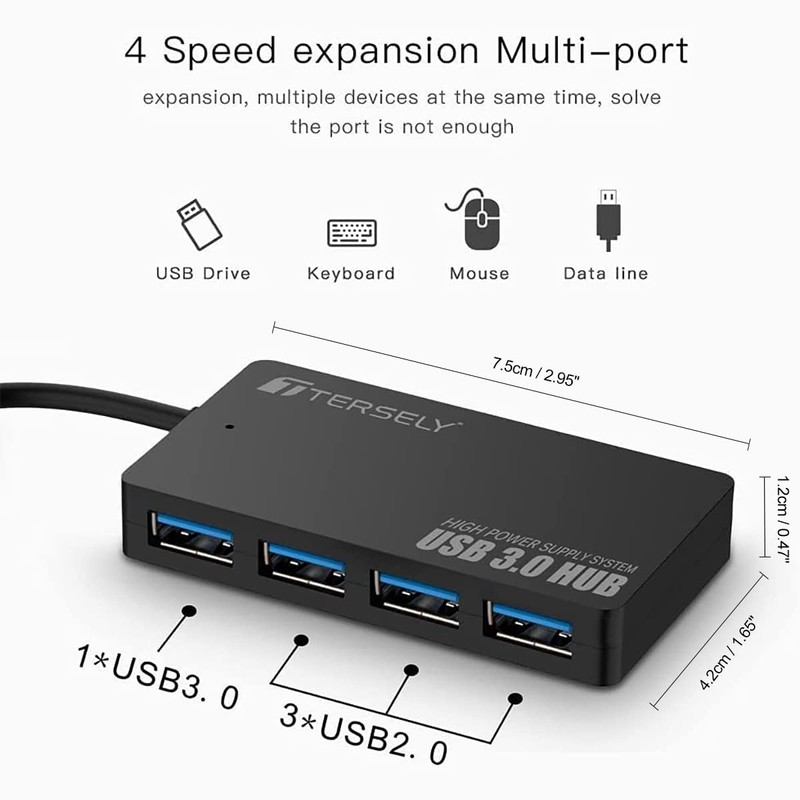 T Tersely 4-Port USB 3.0+2.0 Hub, Ultra Slim High Speed