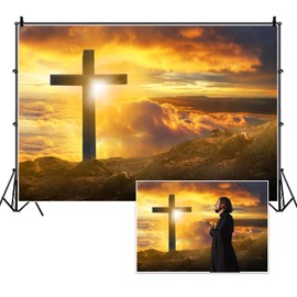 DORCEV 8x6ft Jesus Christ Cross Sunrise Photography Backdrop Mountain Top Sunset Glow Sky Background Holy Light Jesus Resurrection Christian Church Wallpaper Decor Props
