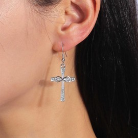 Allereya Vintage Rhinestone Cross Dangle Earrings Crystal Cross Drop Earrings Retro Cz Infinity Eternity Earrings Sparkly Crystal Cross Hook Earrings Jewelry for Women and Girls (Silver)