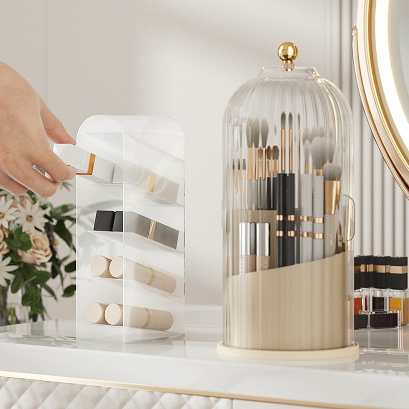 Cosmetic Storage Holder Box Transparent Rotating Sliding Door Makeup Brush