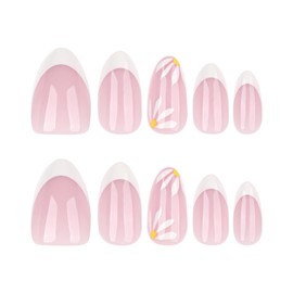 MERVF Almond Press on Nails Medium Fake Nail White French Tip Glue ons Flower Daisy Design Stiletto Acrylic Summer Manicure Art Glossy 24pcs