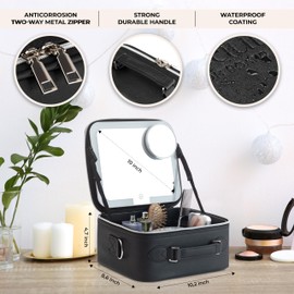 BeautyOnBoard Travel Makeup Bag with LED Mirror, PU Leather Makeup Case - 3 Adjustable Brightness Levels, Lighted Cosmetic Case with Mirror, Dividers - Make Up Portable Storage Organizer with Handle