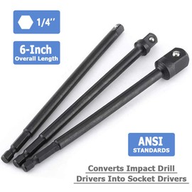 Mesee 3 Pieces Impact Grade Socket Adapter Set, 150mm Impact Wrench Socket Extension Bar 1/4" Hex Shank to Square Socket Extension Drill Bit Set 1/4" 3/8" 1/2" Square Drive