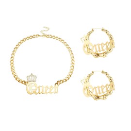 UAIAGM 3 Pcs 90s Jewelry for Women Gold Plated Queen Pendant Necklace and Oversized Bamboo Hoop Earring Set Hip Hop Rapper Style Accessories for Women's Party Plus Size Fashion