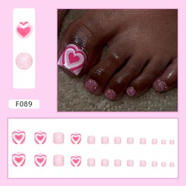 Vezocim Press on Toenails with Love Heart Designs, Artificial Pink Glitter Fake Nails for Toe, Glossy Full Cover Square Acrylic False Nails, Glue on Toenails with Charm, Stick on Toe Nails for Women