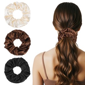 Shimmeroo 3PCS Satin Scrunchies for Women,Oversized Thick Elastic Fluffy Hair Ties,Ponytail Holder for Thick Curls Hair Women Girls Silk Sleepy Tie,Black, Brown, Champagne