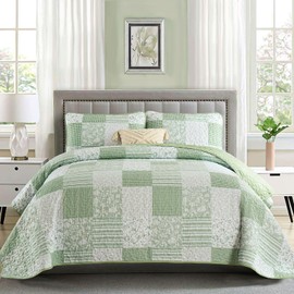 Mybedsoul Light Green Quilt Set King Size, 3 Pieces Plaid Floral Bedspread Set Patchwork Reversible Bedding Set Microfiber Lightweight Bedspread Coverlet Set for All Season 110"x90"