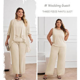Hanna Nikole Women's Plus Size Chiffon Round Neck Mother of The Bride Pants Suit Irregular Pants Suit Women Chiffon for Wedding Evening Dress Beige 20