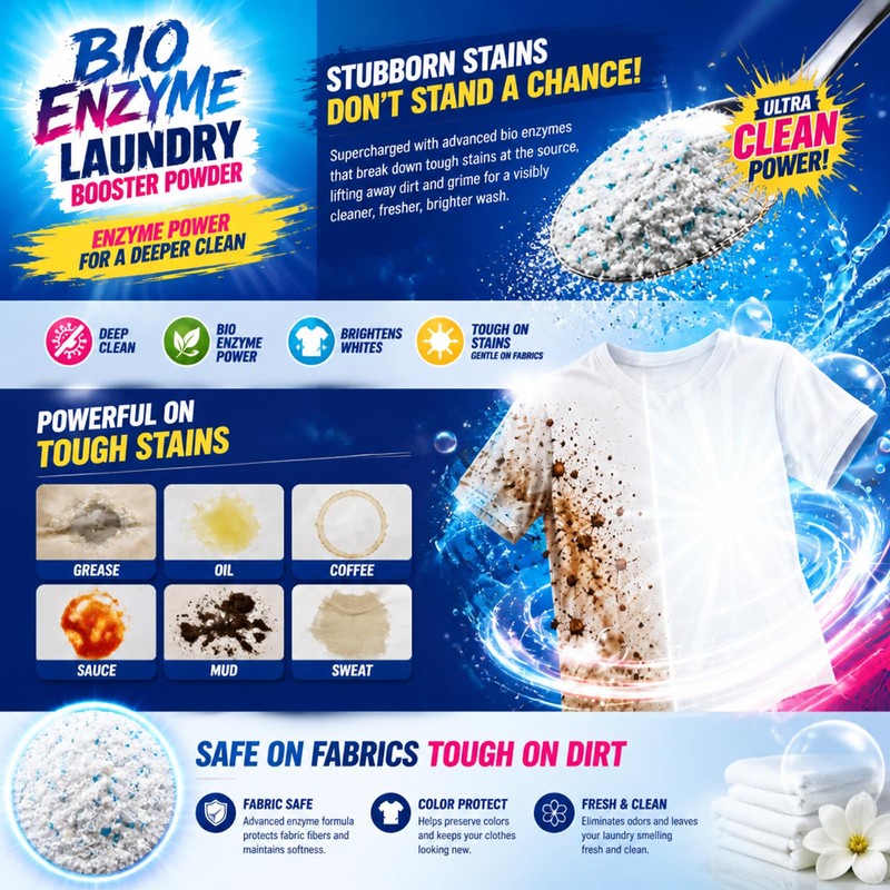 Bio Enzyme Laundry Booster Powder, 16oz Deep Clean Stain