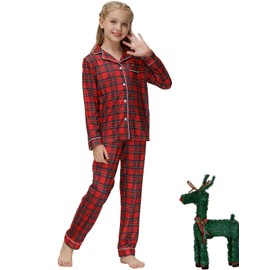 Veseacky Matching Family Christmas Pajamas Set Long Sleeve Red Buffalo Plaid Pijamas for Children 11-12 Years
