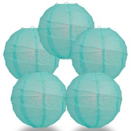 Quasimoon BULK PACK (5) 16" Water Blue Round Paper Lantern, Crisscross Ribbing, Chinese Ha