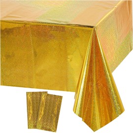 COSORO 2pcs Gold Holographic Tablecloth, 137x274cm Large Plastic Holographic Foil Table Cover Metallic Iridescent Party Tablecloth for Outdoor Picnic, Birthday, Christmas Decorations