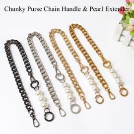 Beaulegan Chunky Bag Chain Handles - Short Strap Replacement for Handbag, Set of 2 Pcs, 45 CM Long Chain + 13 CM Pearl Extender(Gold)