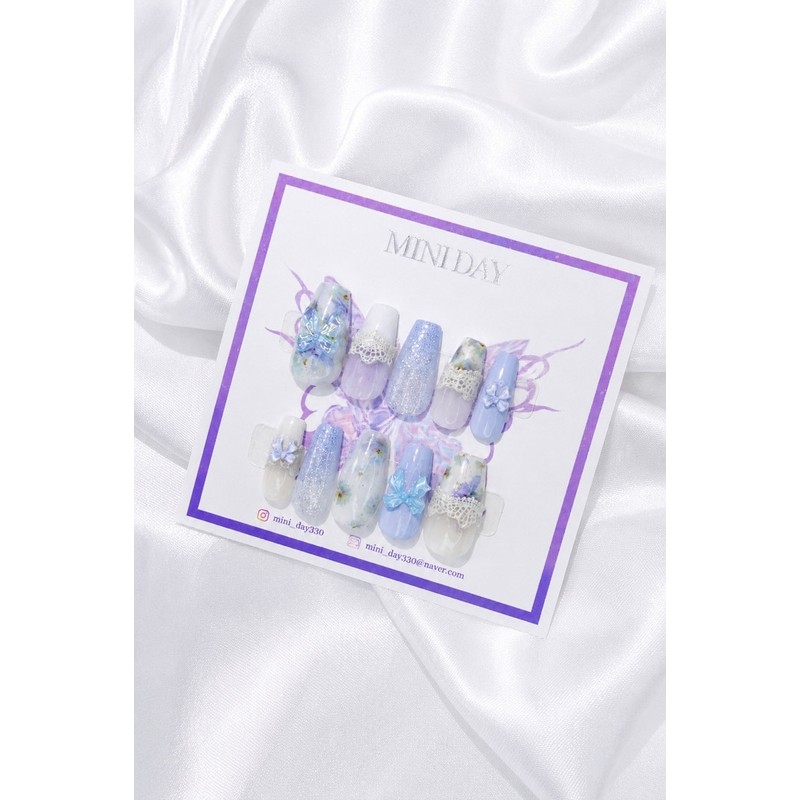 Blue Fairy Ribbon Handmade Nail Tips - Almond / 블루
