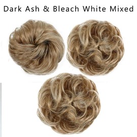 Gangel Hair Bun Curly Wavy Hair Extensions Ponytail Synthetic Hair Fibers Elastic Half Updo Hairpieces Hair Wig Scrunchies For Women and Girls(Pack of 1) (Dark Ash & Bleach White Mixed(6AT88#))