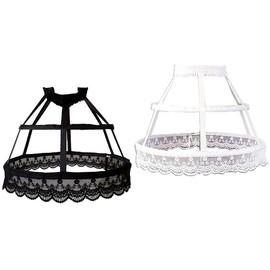 SSDH Victorian Petticoat 2 Hoops Crinoline Lolita Fishbone Hollow Bird Cage Skirt Embroidery Floral Lace Underskirt (Black)