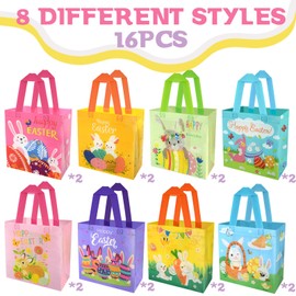 16pcs Happy Easter Egg Hunt Bags Bunny Carrot Chick Gift Bags with Handles, Treat Bags, 8 Style Reusable Non-Woven Easter Bag for Gifts Wrapping, Party Supplies, Basket Container, 9.1×8.7×4.5inch (Easter-16pcs)