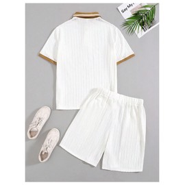 Verdusa Boy's 2 Piece Summer Outfit Textured Collared Button Front Golf Shirt and Drawstring Shorts Set White 13Y