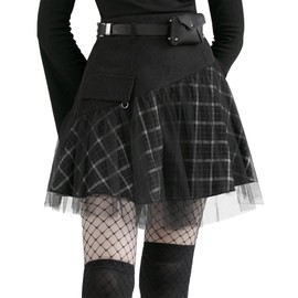 PUNK RAVE DAILY Women Gothic Skirts Women Goth Mini Plaid Skirt with Tulle Punk Dunk High Waist A-Line Party Skirt Black