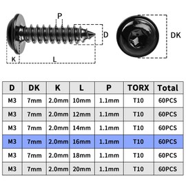 Pack of 60 Black M3 x 16 mm Wood Screws Tapping Screws Black Galvanised Pan Head Screws Flat Head Self Tapping with Washer for Acoustic Panels 304 Stainless Steel Torx Flat Head Screws