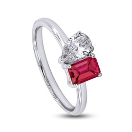 Toi Et Moi Engagement Rings for Women, Emerald Shape Ruby Lab Grown Gemstone & Pear Lab Created Moissanite Diamond 2-Stone Solitaire Promise Ring In 14K White Gold Over Sterling Silver-6.5