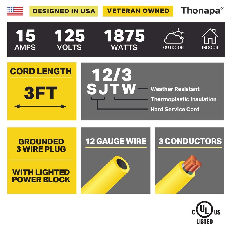 Thonapa Cable de extensión GFCI para exteriores de 3 pies,