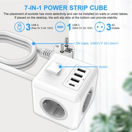 ANTELA Mehrfachsteckdose Würfel USB mit Schalter 16A, 3fach Steckdosenleiste mit 3 USB et 1 Typ-C, Steckdosenwürfel Mehrfachstecker Verlängerungskabel 1,5m, für Büro