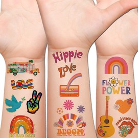 Hohamn Groovy 70’s Temporary Tattoos for Kids, 10 Sheets Hippie Temporary Tattoos for 70’s Retro Hippie Party Favors, Boys Girls Birthday Party Decoration