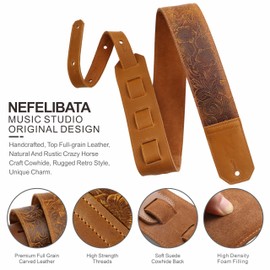Nefelibata Guitar Strap,2.3" Wide Full-Grain Sculpted Leather Guitar Straps with Soft Padding for Bass, Electric & Acoustic Guitar (Sahara Yellow Embossed)