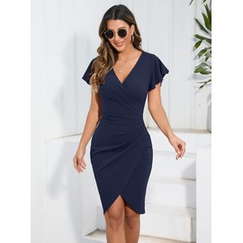 Machico Women's Business Pencil Dress Ruffle Sleeve V Neck Wrap Bodycon Cocktail Party Dresses Navy