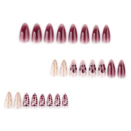Maroon Floral Press on Nails Gold Metallic Fake Nails Short Almond False Nails Press ons with Designs,Reusable Artificial Nails Glossy Full Cover Stick on Nails for Women Manicure 24 Pcs
