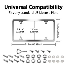 WinPower License Plate Frames, Stainless Steel License Plate Holder Rustproof 4 Holes Front Rear Universal Car Tag Cover 2 Pack, Sliver