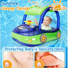 iGeeKid Inflatable Baby Pool Float with Canopy, Safty Seat for Infant Baby Swim Float Rings Car Shaped Swimming Pool Floaties for Babies Toddler Age of 6-36 Months (Blue)
